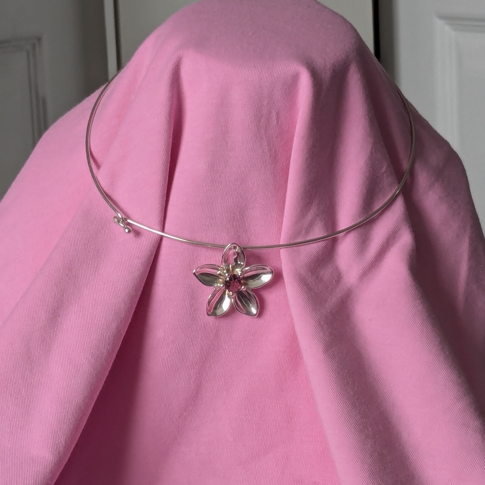 TIFFANY & CO Sterling Silver Pink Tourmaline Flower Pendant Choker Necklace 2003 - Picture 14 of 15